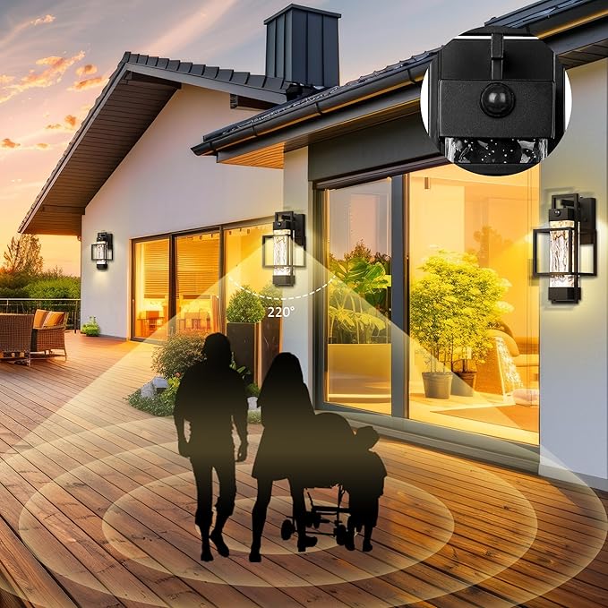 PARTPHONER Modern Motion Sensor Outdoor Wall Lights 2 Pack, 15" Exterior Wall Sconce Waterproof Porch Light, Outside Light for House with Water Glass for Garage Doorway-Only Lights up with Motion