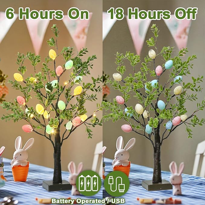 EAMBRITE Easter Decorations Easter Tree with Eggs, 2Ft Tabletop Tree with 24 LED Lights, Lighted Artificial Tree Battery/USB Operated Light up Easter Egg Tree for Spring Home Decor (2 Pack)