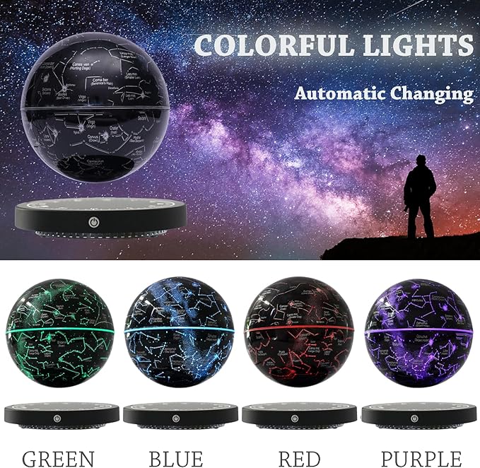 Levitating Globe Magnetic Floating Globe Night Light Constellation Ball with LED Light Display Cool Tech Children Educational Gift Home Office Desk Decor (Black-Clock Base)