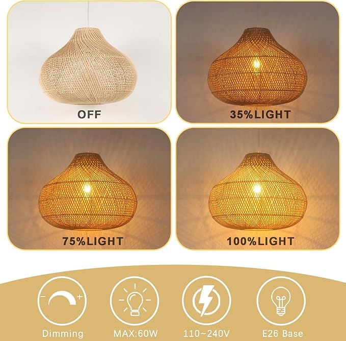 Large Rattan Pendant Light, 19.7" Rattan Boho Wicker Chandelier Hand-Woven Basket Pendant Light Fixtures for Dining Room Kitchen Island Living Room