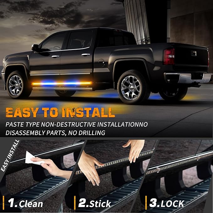 XRIDONSEN 2PCS 60 inch Amber Blue Emergency Lights Strip 720 LED Running Board Strobe Lights Flashing Warning Safety Waterproof Side Step Lights for Trucks Construction Vehicles Pickup SUV Jeep Car