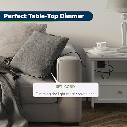 TOPGREENER Table-Top Plug in Dimmer for Table or Floor Lamps, Slide Control, Works with 360 Watt Incandescent/Halogen and 150 Watt Dimmable CFL/LED, Off at Lowest dim, 6ft Cord, TGTTDL300-BK, Black