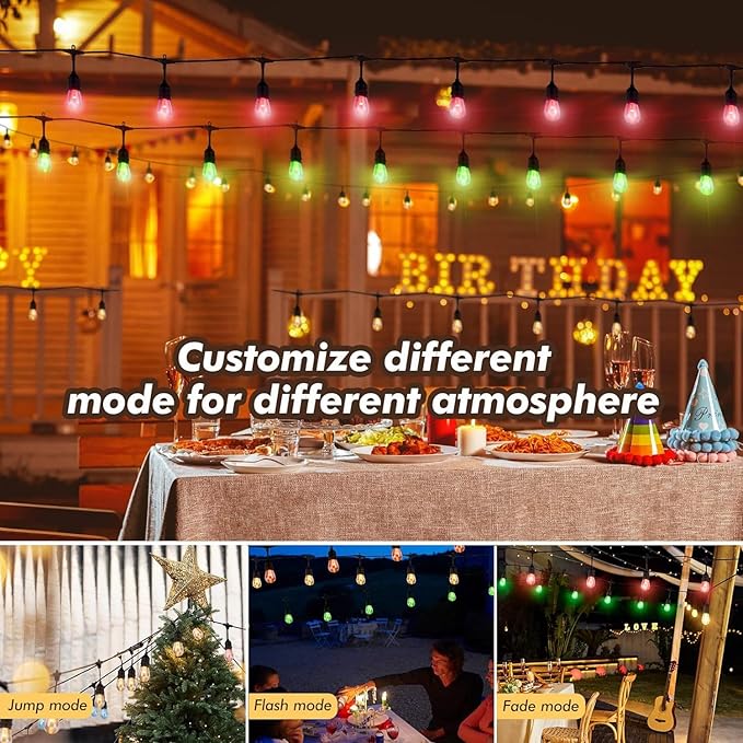 Auroraworld 96FT RGB Outdoor String Lights, Dimmable Color Changing Waterproof LED Patio Lights with Remote, 30 Shatterproof Bulbs for Garden Yard Party Decor