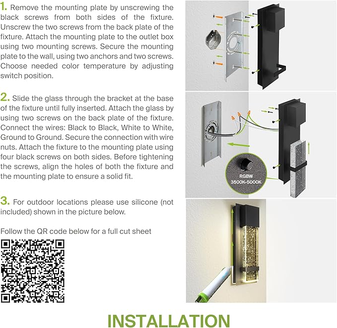 ASD LED 13 Inch Bubble Glass Wall Light Fixture | 9W 250LM RGB-3000K-5000K 100-277V | Multicolor, Waterproof, ETL Listed | Exterior Flush Mount Sconce, Outdoor-Indoor Lighting | Black, 2 Pack