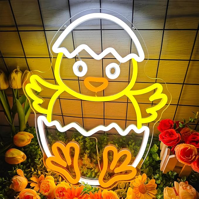 Easter Chicks Neon Sign Dimmable Baby Chicks Led Sign Little Chicken Breaking Out Of Eggshell Window Lights Easter Egg Spring Decorations Gifts For Kids