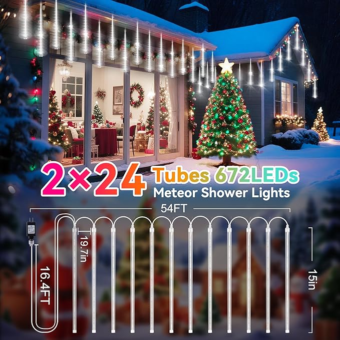 KNONEW 2Pack Total 48 Tube Meteor Shower Lights,15 in 672 LEDs Christmas Lights Outdoor Waterproof Plug in Falling Rain Light for Xmas Tree Wedding Party Garden Holiday Decorations (Cool White)