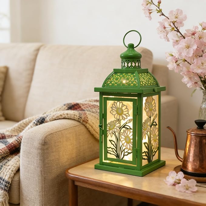 DECORKEY Spring Decorations for Home, 14.4" Decorative Daisy Green Lantern with 61" LED Lights(No Battery) for Home Indoor Outdoor Decor, Hanging Metal Candle Holders for Spring St.Patrick’s Day Gift