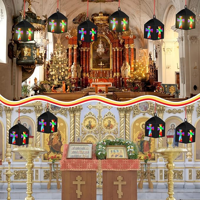 12 Sets Easter Crafts Religious Cross Crafts with LED Candle Light DIY Christian Cross Lantern Tissue Paper Kits Religious Hanging Ornament for Church Sunday School VBS Activities