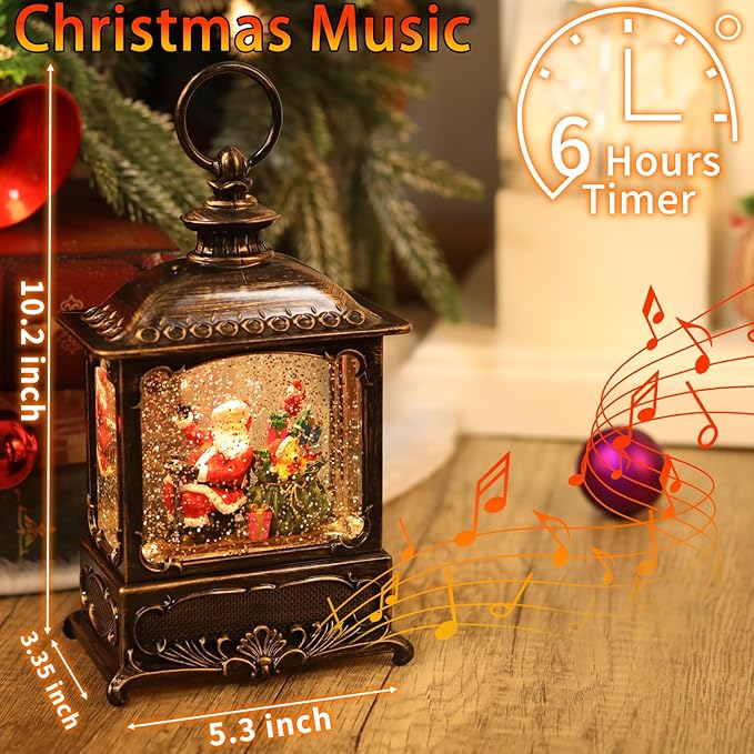 Christmas Snow Globe Lantern Santa Claus Decorations, Music Glitter Lanterns with 6h Timer, 3 AA Battery Operated & USB Powered, Santa Claus Snow Globe Lantern for Christmas Home Decoration and Gift