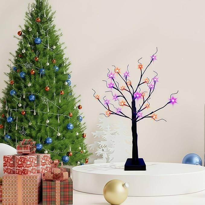2-Pack Lighted Halloween Christmas Fall Tree Decorations Indoor, 2ft Black Birch Tree with LED Lights, Small Tabletop Christmas tree with lights, Warm White Battery- Powered Fairy Light Spirit