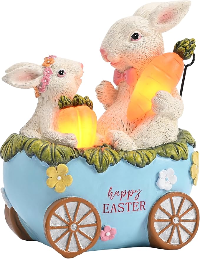 TERESA'S COLLECTIONS Easter Decorations Outdoor with Solar Lights, Easter Bunny and Egg Decor Outdoor, Waterproof Resin Lighted Garden Statue
