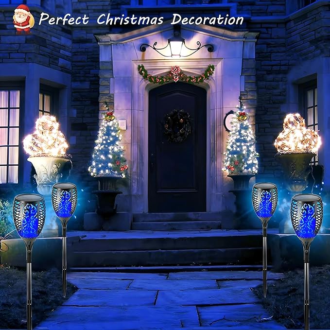 Solar Torch Light with Flickering Flame,4Pack Solar Lights Outdoor,Waterproof Solar Powered Yard Garden Lights,Solar Flame Light,Torches Lighting for Outside Patio Lawn Path Decorations (Blue)