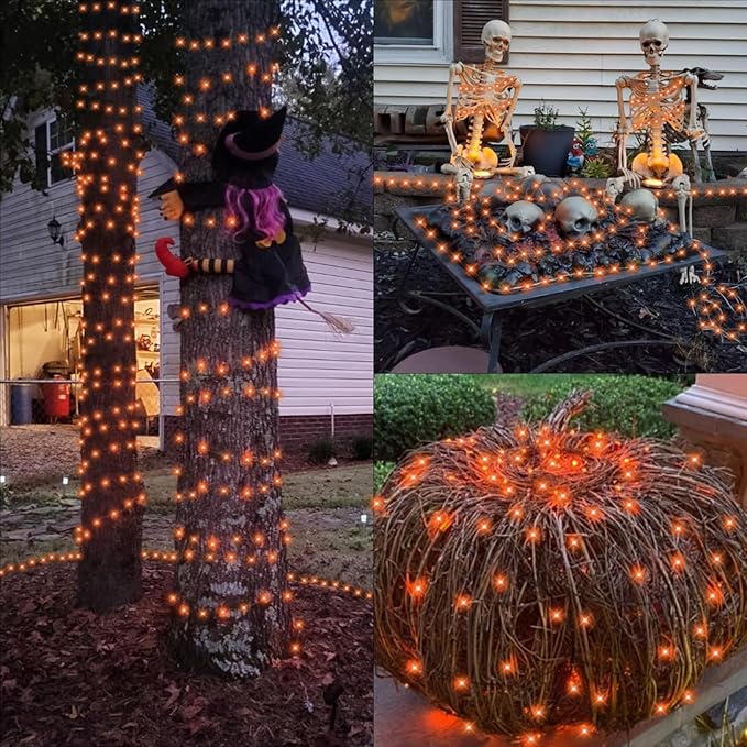 QITONG 4 Pack Orange Solar Christmas Lights, Each 33ft 100 LED Thanksgiving Fairy Lights Outdoor Waterproof, 8 Modes Copper Wire Mini String Lights
