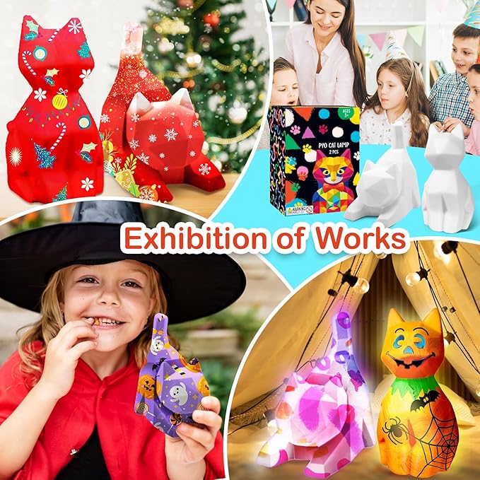 Goody King Paint Your Own Cat Lamp Art Kit 2pcs, DIY Night Light, Arts & Crafts for Kids Ages 8-12, Painting Kit for Girls Boys Age 4 5 6 7 8+, Art Supplies Cat Craft Gift for Birthday, Party