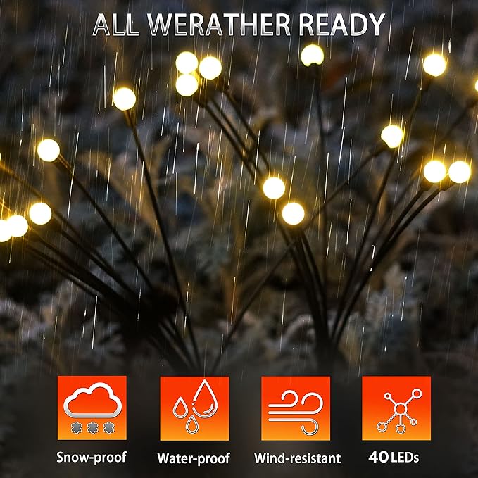Solar Garden Lights - Pack of 4 Solar Firefly Lights Sway by Wind, Waterproof 40 LEDs Outdoor Lights, Pathway Lights Outdoor for Yard Patio Walkway Decoration, Warm White