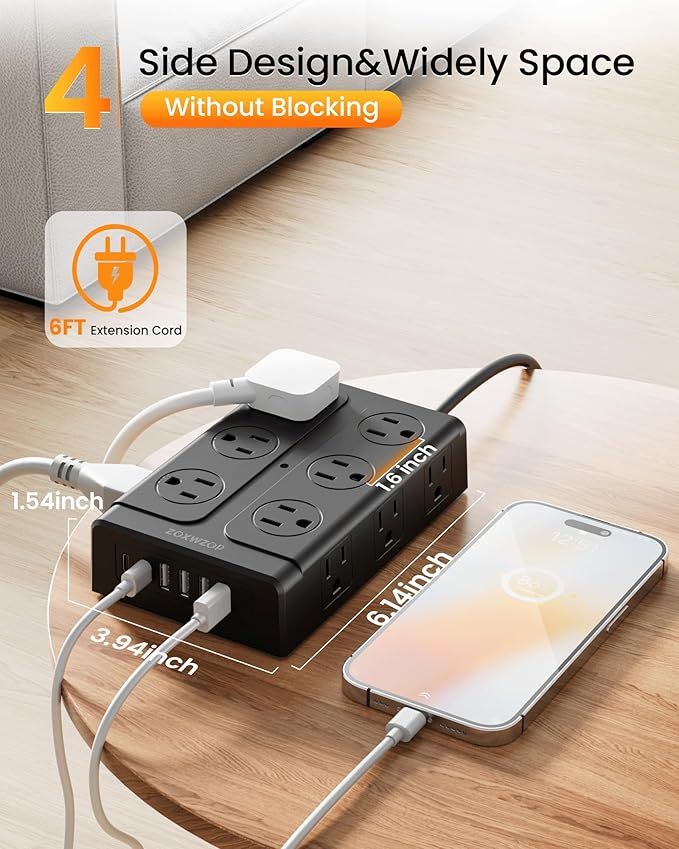 Surge Protector Power Strip – 10FT Extension Cord with 12-Outlet 4 USB-A & 2 USB-C Ports, 1850W/15A, Flat Plug, Wall Mountable – ETL Listed for Home, Dorm Room