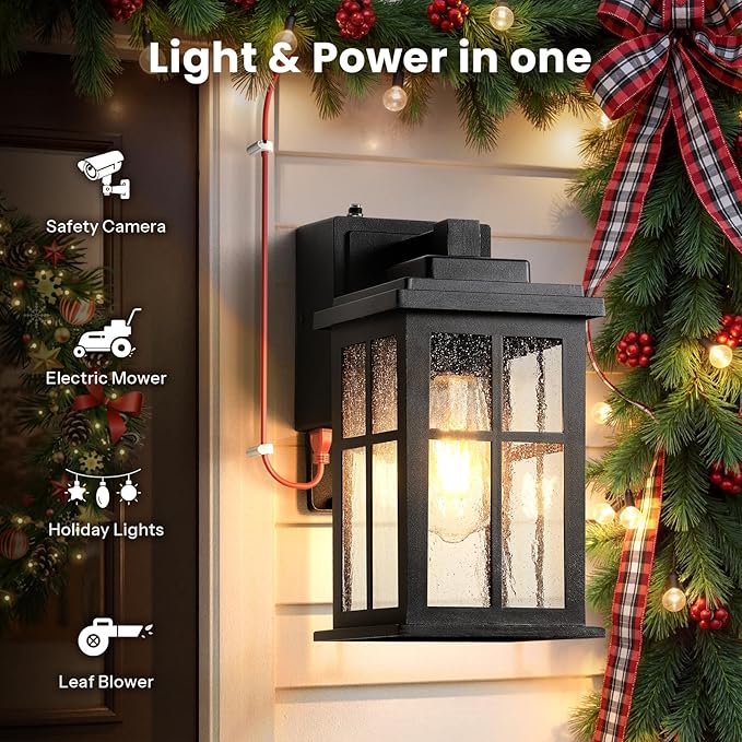 Gleamz Outdoor Porch Light with Outlet GFCI, Modern Black Exterior Lighting Fixtures Wall Mount for House Garage Coach, Waterproof Dusk to Dawn Outdoor Wall Lanterns Sconce, Outside Light with Outlet