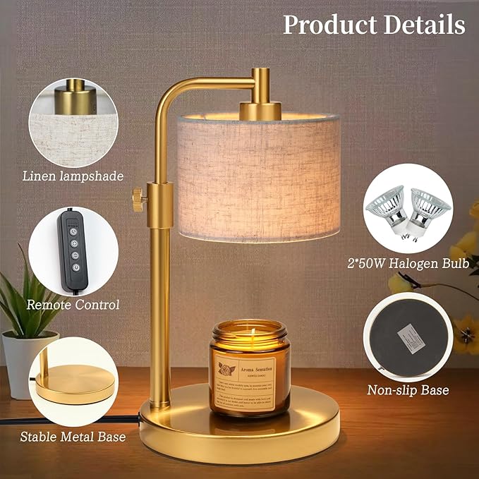 Candle Warmer Lamp, Candle Lamp Warmer with Timer Adjustable Height Wax Warmer Lamp for Jar Candles, Birthday Gifts for Women House Warming Gifts (Gold Linen)