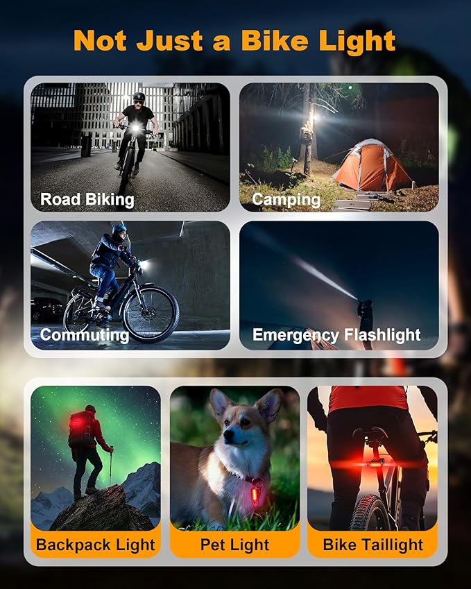 Bike Lights for Night Riding, USB Rechargeable Mountain Bicycle Headlight, Super Bright, Waterproof, 6+4 Light Modes Bike Light Set for Cyclists and Commuters