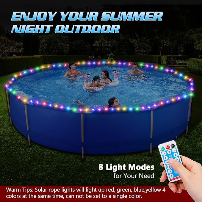 55ft Solar Pool Lights for Above Ground Pools, 150 LEDs Remote IP65 Waterproof Rope String Lights, 8 Color Modes, Swimming Frame Pool Decor Accessories for Outdoor Outside Trampoline Camping