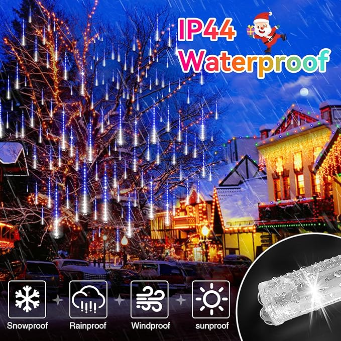 KNONEW 2Pack Total 48 Tube Meteor Shower Lights,15 in 672 LEDs Christmas Lights Outdoor Waterproof Plug in Falling Rain Light for Xmas Tree Wedding Party Garden Decorations (Blue and Cool White)