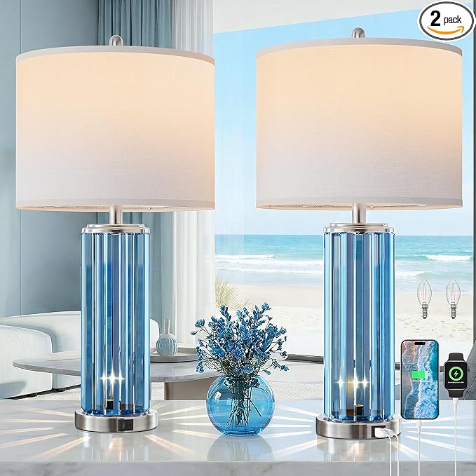 QiMH Table Lamps for Bedroom Set of 2 with Nightlight, Modern Bedside Lamp with USB A+C Charging Port, Blue Nightstand Lamp for Living Room White Shade Home Decor, 2 Bulbs Included