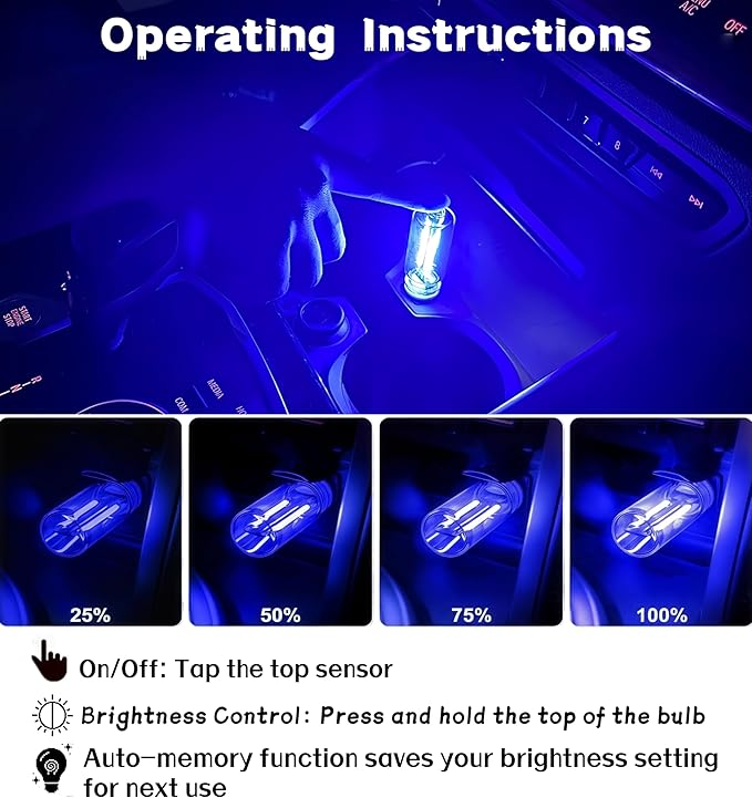 LED Car Interior Light, Touch Control USB Night Lamp, Retro Style Ambient Lighting for Auto, Bedroom, Desk (Blue Light)