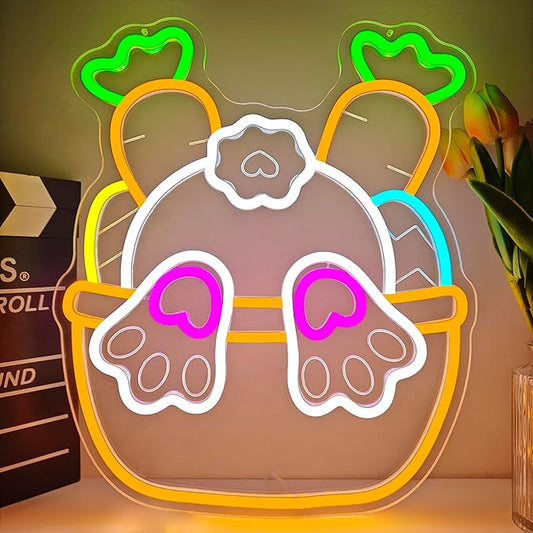 Easter Neon Sign for Wall Decor Easter Bunny Basket Neon Light Egg Led Sign Easter Decorations Dimmable Carrot Rabbit Light Up Signs for Window Party Gifts Bedroom Holiday Spring Bar Home Business