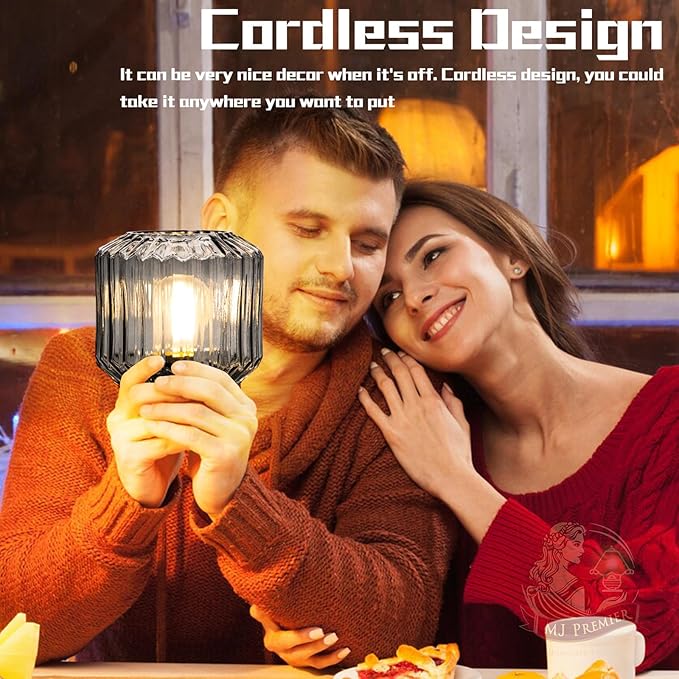 MJ PREMIER Battery Operated Lamp with Timer Cordless Lamps for Home Decor Battery Powered Nightlight with LED Bulb Decorative Glass Beside Lamp for Valentine's Gift Bathroom Bedroom Living Room Grey