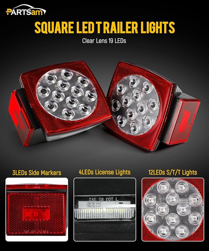 Partsam 12V Submersible Square Led Trailer Lights, Red White LED Stop Turn Tail License Side Marker Running Light Lamp for Trailers Under 80" Boat Trailer Truck, IP68, Red Clear Lens