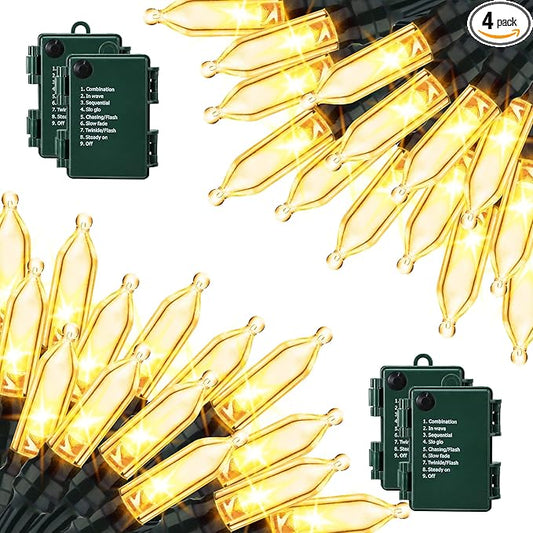Lomotech Battery Operated Christmas Lights - 4 Pack Total 66ft 200LEDs Mini String Lights 8 Modes Waterproof with Timer for Home, Garden, Party, Holiday, Tree Decoration (Green Wire, Warm White)