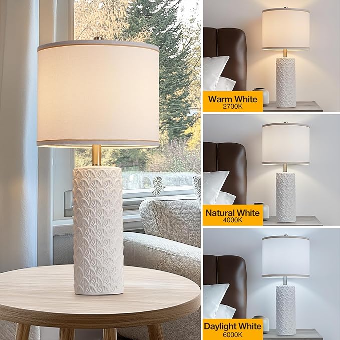 27" Farmhouse Bedside Table Lamp Set of 2, White Modern Ceramic Lamps for Living Room, 3 Color Temperature Rustic Table Lamps for Bedroom, Night Stands, Dorm,Office, Home Décor (Bulb Included