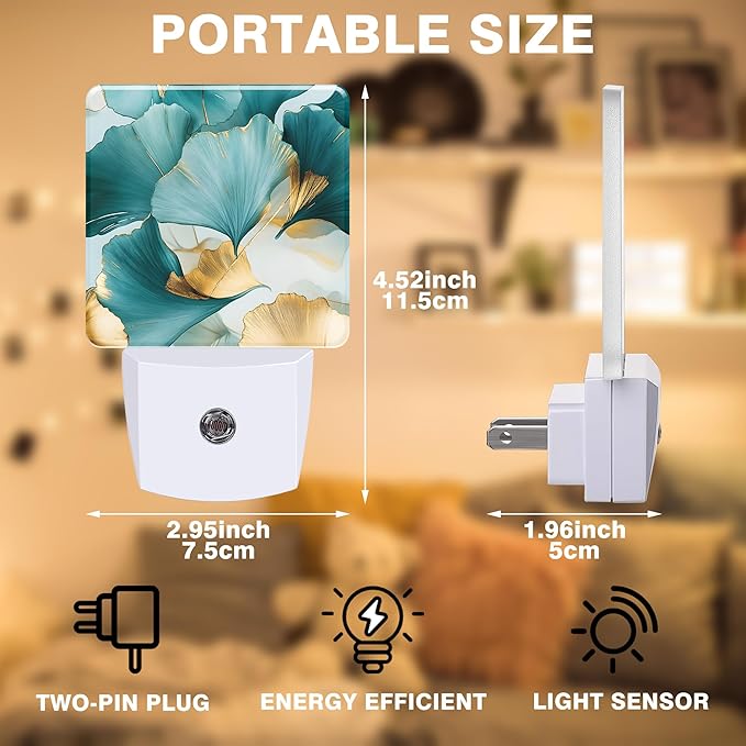 Night Light Green and Gold Ginkgo Leaves Night Lights Plug into Wall Smart Dusk to Dawn Sensor 0.5W Energy Efficient Led Lamp for Men Women Bedroom Bathroom Hallway Stairway Decor