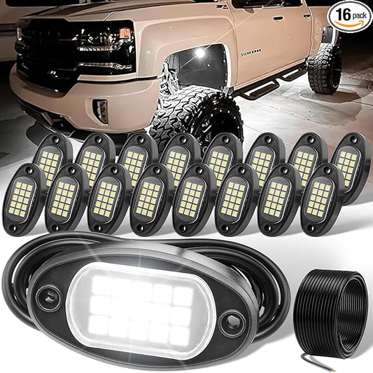 YONEDA 16 Pods White Rock Lights 6000K Ultra Bright LED Neon Underglow Lights IP68 Waterproof for Trucks SUV UTV ATV RZR Car Boats Pickup Motorcycle with 39.37ft Extension Wire