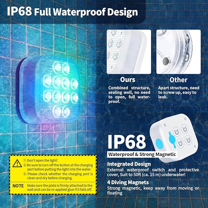 Homly Rechargeable Submersible Pool Lights with Remote, Waterproof Underwater Charging Battery Operated Controlled 16 Color Changing LED with Magnet Floating Lights Pool Pond Decoration 1 Pack