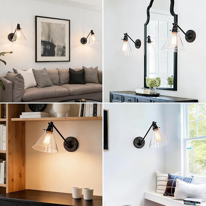Industrial Vintage Slope Pole Wall Mount Single Sconce with Funnel Flared Clear Glass Shade, Swing Arm Wall Sconce Light Lamp Fixture Hardwired