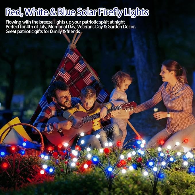Patriotic Solar Firefly Lights 2 Pack Red White Blue Swaying Outdoor Lights 6 LED Each Waterproof Solar Stake Light for 4th of July Memorial Day Independence Day Yard Garden Patio Decor