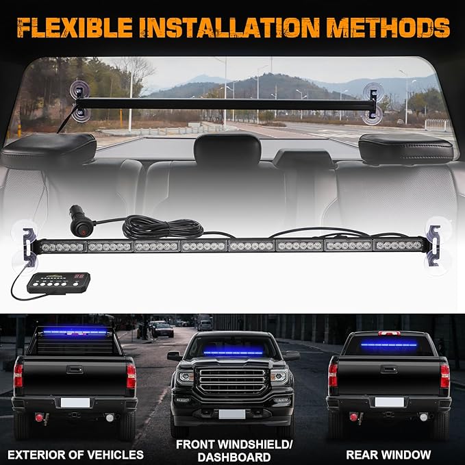 XRIDONSEN 35 inch Traffic Advisor Light Bar 48 LED Blue Emergency Lights Safety Flashing Warning Strobe Lights Front/Rear Window w/Display Controller for Police Firefighter Ambulance Vehicles Trucks