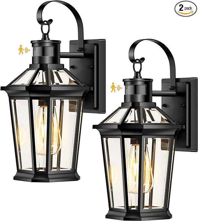 VIANIS Motion Sensor Outdoor Wall Lantern, Black Waterproof Dusk to Dawn LED Exterior Wall Sconce, Anti-Rust Aluminum Modern Outside Porch Light Wall Mount for House, Garage, Entryway 2 Pack
