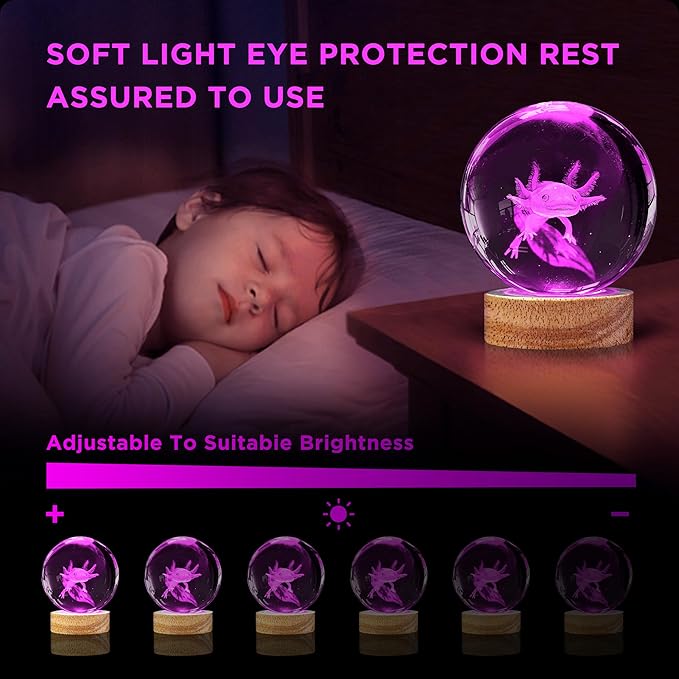 3D Axolotl Crystal Ball Night Light 3.15 inch Axolotl Glass Ball Lamp with 16 Color Changing Wooden Base and Remote Axolotl Ideal Gifts for Kids Friends Birthday Christmas Room Decor Axolotl Toys