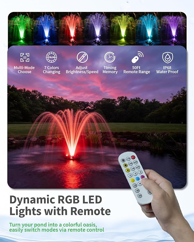 POPOSOAP Floating Fountain with LED Lights, Pond Fountain and Aerator Complete Kit with 1200GPH Water Pump 30FT Power Cord, 3 Spray Styles for Ponds, Pool, Lakes & Water Gardens P145