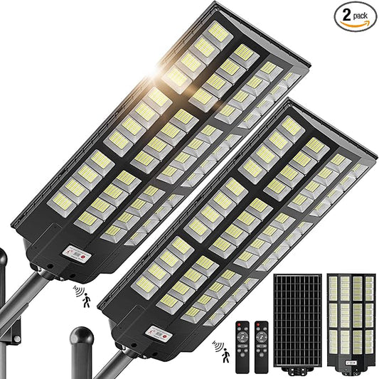 10000W Solar Street Lights Outdoor - Wide Angle Solar Lights Outdoor Motion Sensor, Commercial Parking Lot Light Dusk to Dawn, 7000K LED Street Light Heavy Duty IP66 Waterproof 2-Pack