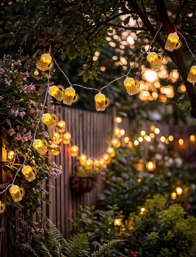 LED Beer Mug String Lights for Patrick's Day, 8.5Ft Tropical Beach Theme Fairy Lights Plug in with 10 3D Beer Cup Bulbs, Summer Hawaiian Outdoor Decor for Camping Tent Holiday Party Garden