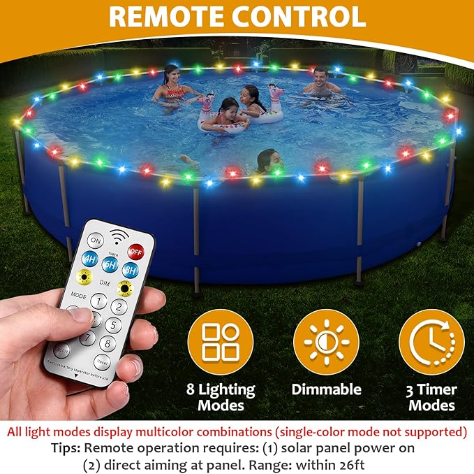 Solar Pool Lights for Framed Above Ground Pools, 72ft String Lights 200Bulbs, IP65 Waterproof Swimming Pool Accessories, Solar Powered with Charging Port, Remote 8 Modes, Outdoor Trampoline Camping