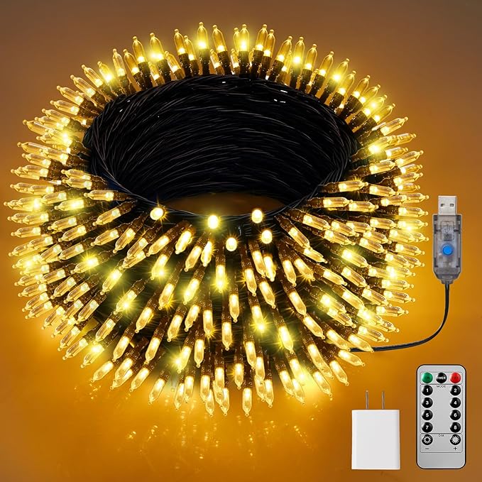 Minetom LED Christmas Lights for Indoor,39 FT 100 LED Christmas Tree Lights with Remote, USB Plug, Adapter, Warm White Mini String Light for Garland Wreath Home Garden Holiday Party Decorations