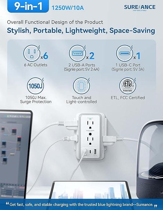 Multi Plug Wall Outlet, SUREANCE 6-Outlet Extender with Night Light, 3 USB Ports, 3-Sided Power Strip with Adapter Spaced Outlets,1050J Wall Charger, for Home Office Dorm Essentials