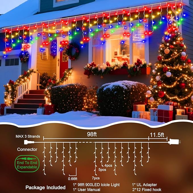 98 Ft Ice Light for Outside, 900 LED Christmas Lights Outdoor Plug in, Christmas Ice Lighting with 8 Modes & Timer for Holiday, Party, Wedding, House, Patio, Outdoor Decor(Multicolor)