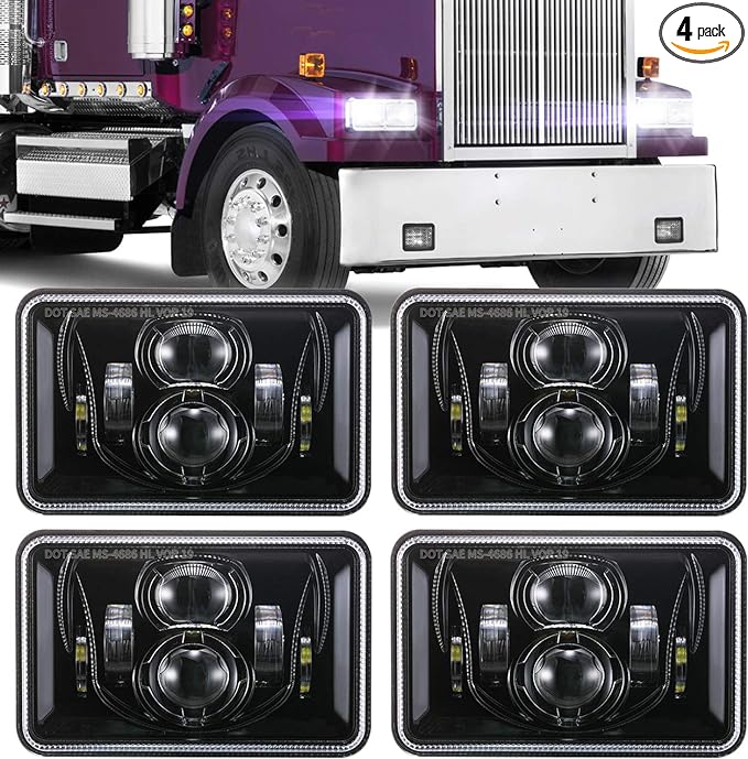 BICYACO 4 PCS DOT 4x6 Inch LED Headlights Rectangular Replacement H4651 H4652 H4656 H4666 H6545 Compatible with Peterbilt Kenworth Freightliner Ford Probe Oldsmobile Cutlass