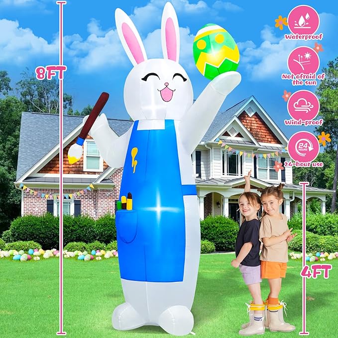 MICOCAH 8FT Easter Inflatables Outdoor Decorations Blow Up Bunny Painting Eggs Built-in LED Lights, Happy Easter Decorations Inflatable Bunny for Indoor Yard Garden Lawn Holiday Party Decor