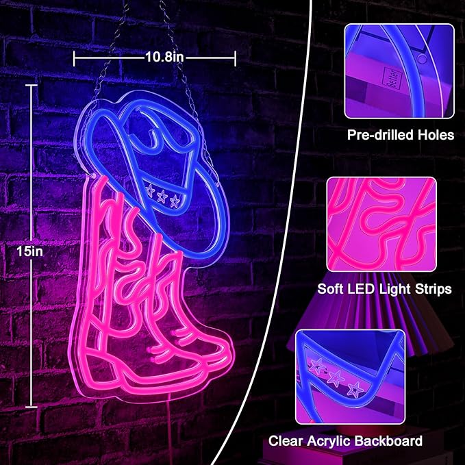 Cowboy Hat and Boot Neon Sign for Wall Decor,Dimmable LED Pink Cowgirls Boot Neon Signs 15X10.8 in USB Powered Western Cowboy Neon Light for Game Room Bedroom Party Bar Decor Birthday Christmas Gift